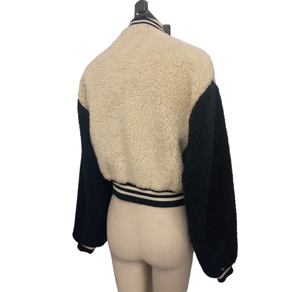 Rue21 Varsity Jacket Faux Fur Bomber Jacket Black Cream Bear Hug Comfy Cute - Picture 7 of 11